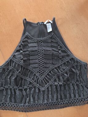 H&M Charcoal Crochet-Trim High Neck Razor-back Crop Top